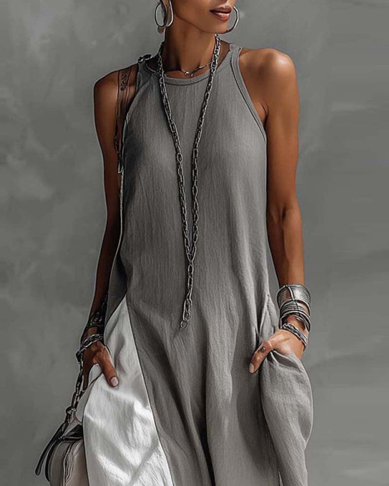Sleeveless Loose-Fitting Color-Blocked Casual Dress