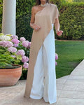 One-shoulder loose color-blocked casual jumpsuit