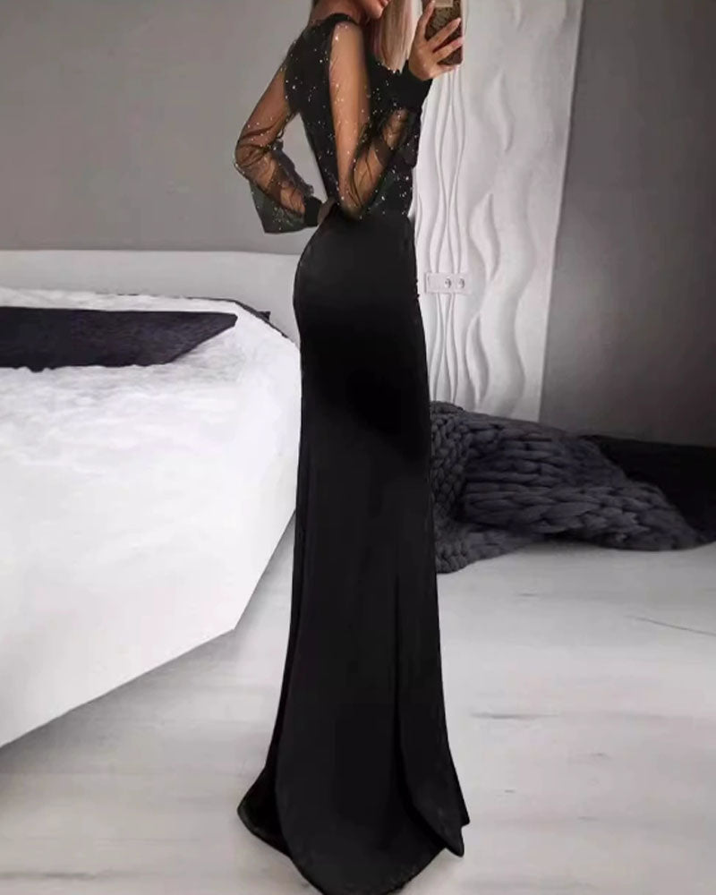 Black Mesh & Sequin Maxi Dress — Mid-Waist, Fitted Silhouette