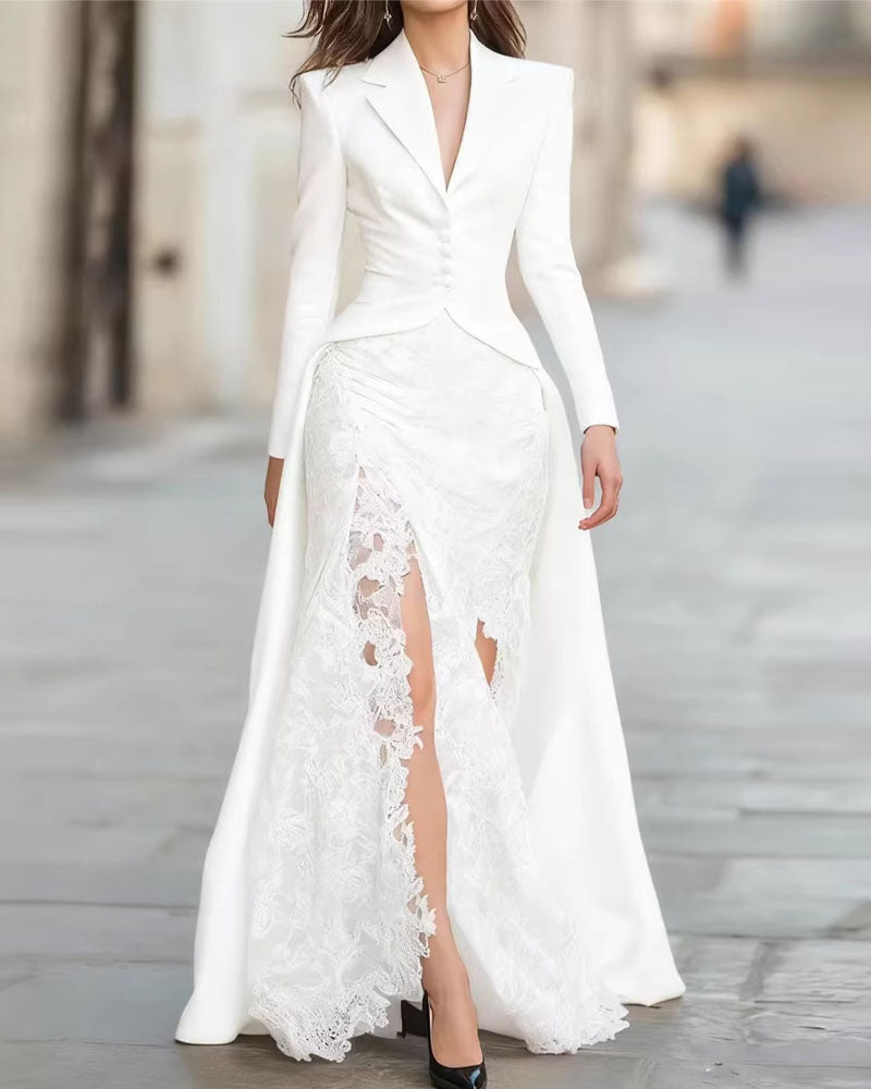 Long-Sleeved Lace Suit Collar Two-Piece Dress