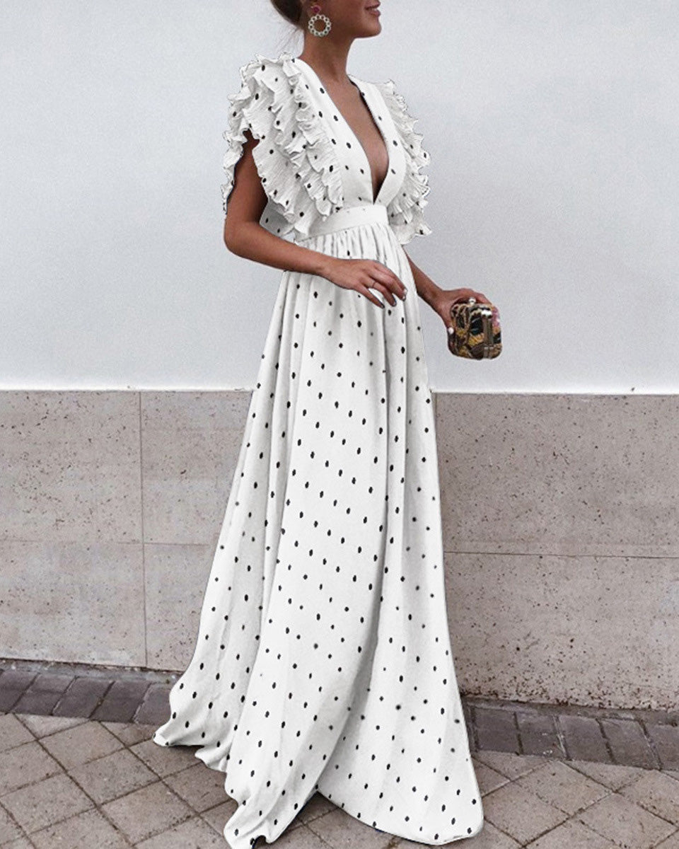 Polka Dot Print Maxi Dress With Flutter Sleeves And V-Neck