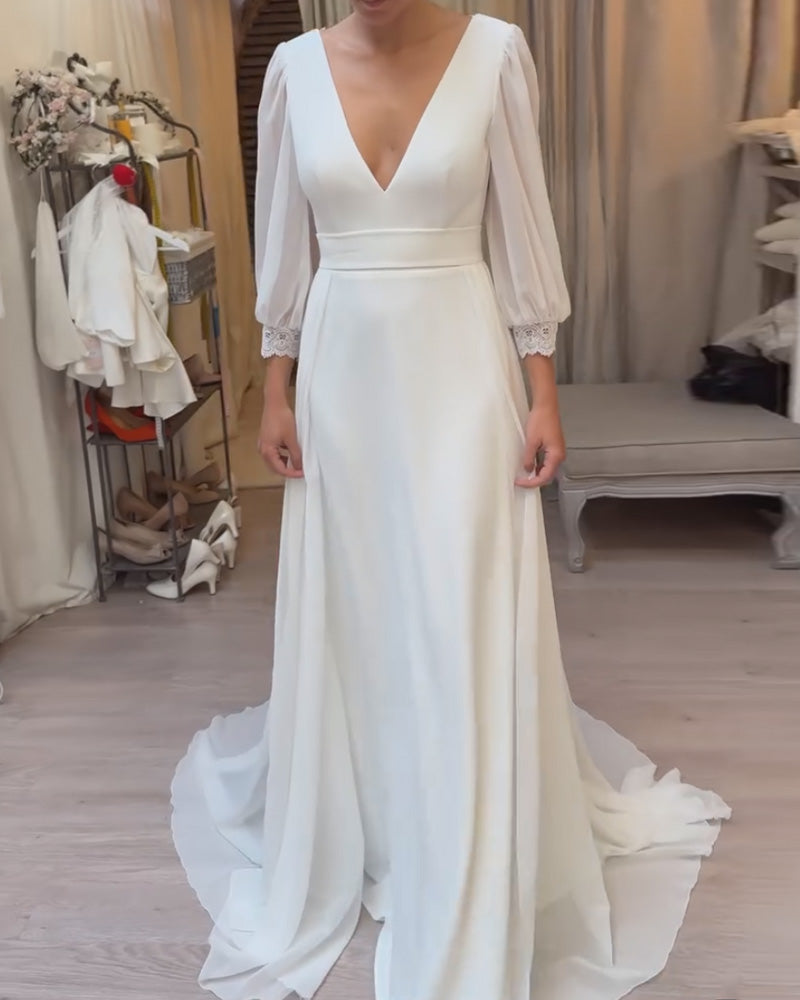 V-Neck Fitted Waist Solid Color Dress