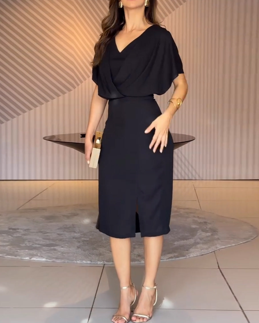 V-Neck Solid Color Fitted Waist Dress