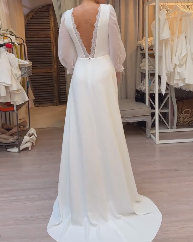 V-Neck Fitted Waist Solid Color Dress