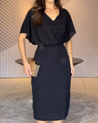 V-Neck Solid Color Fitted Waist Dress