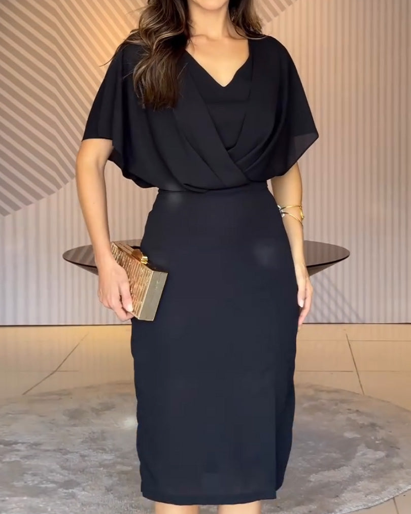 V-Neck Solid Color Fitted Waist Dress