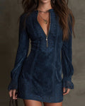 Zippered Lace-Trimmed V-Neck Long-Sleeved Dress