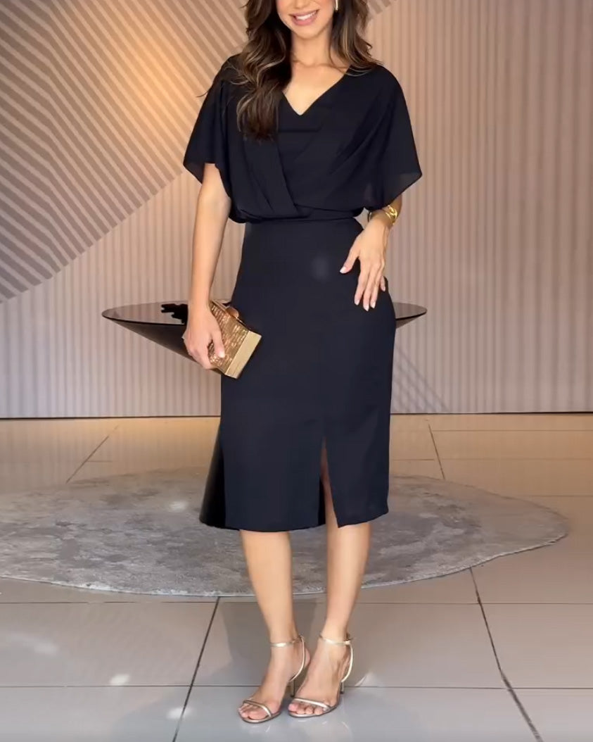 V-Neck Solid Color Fitted Waist Dress