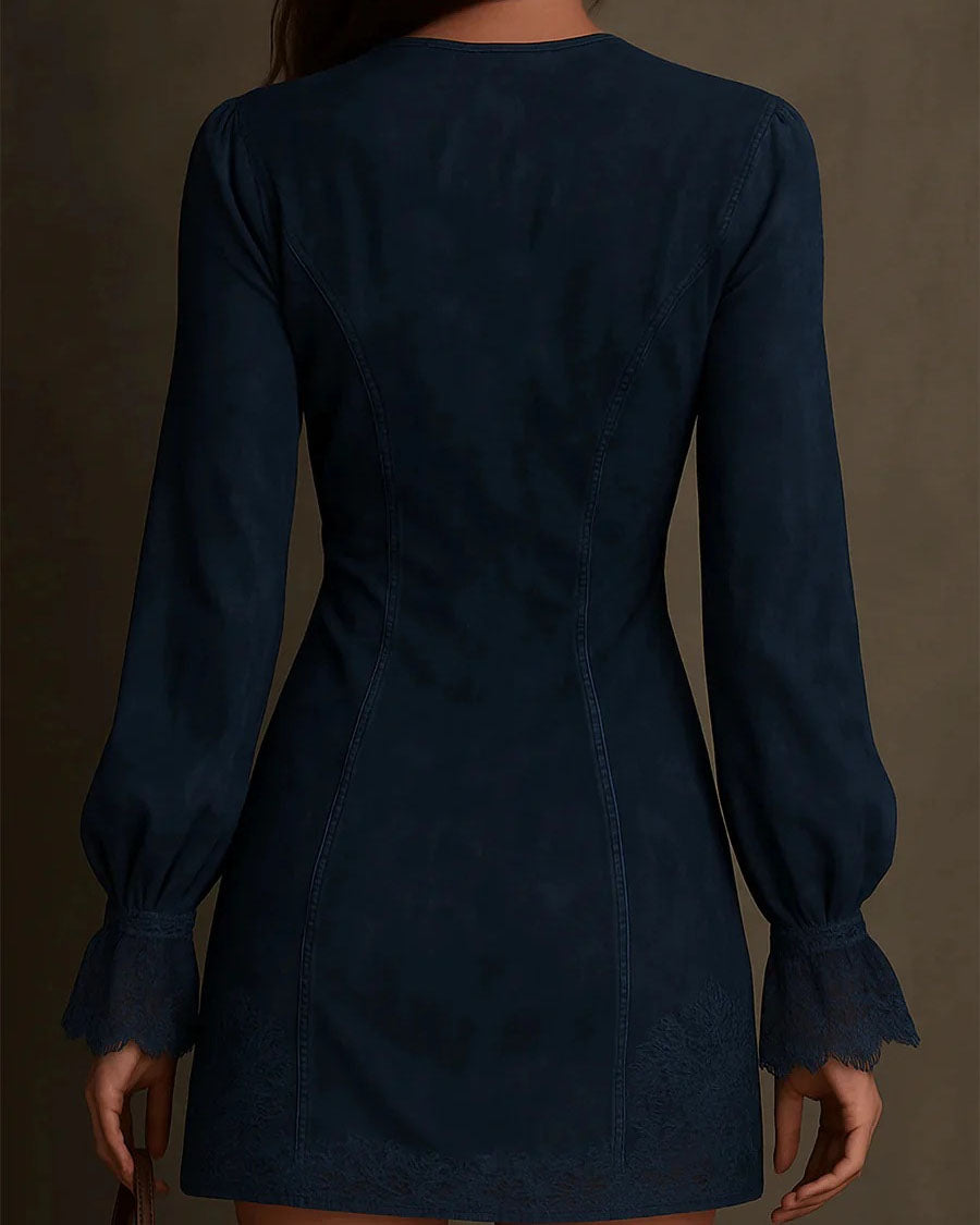 Zippered Lace-Trimmed V-Neck Long-Sleeved Dress
