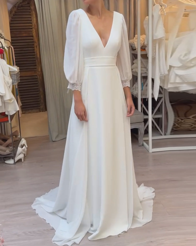 V-Neck Fitted Waist Solid Color Dress