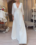 V-Neck Fitted Waist Solid Color Dress