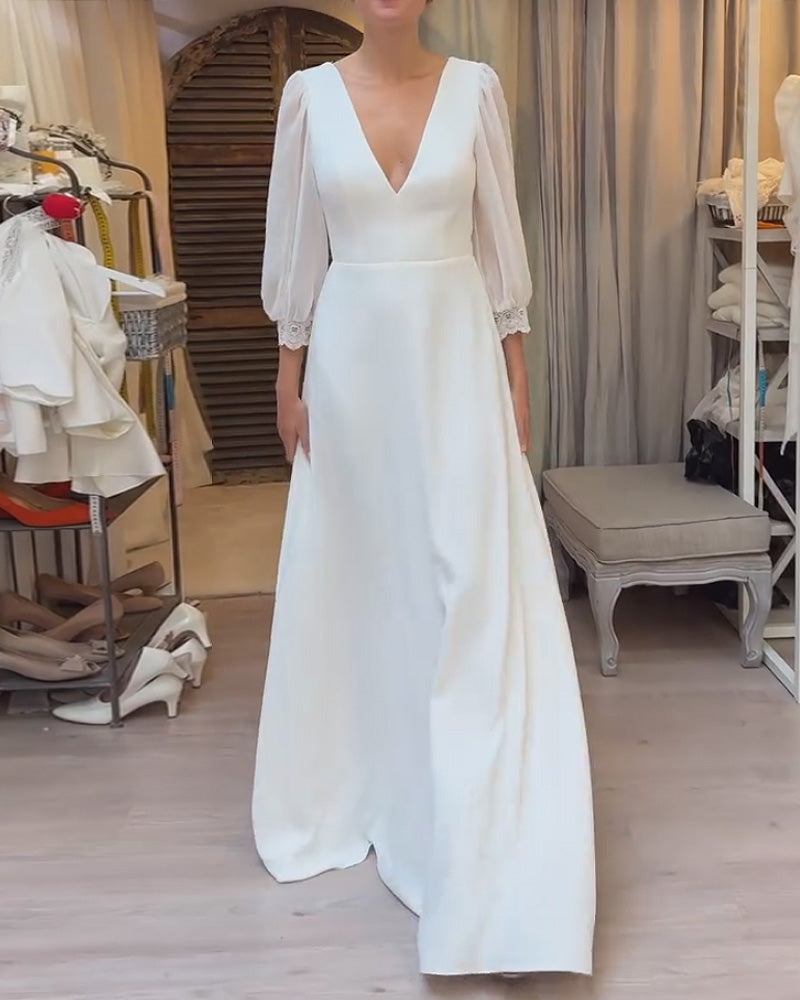 V-Neck Fitted Waist Solid Color Dress