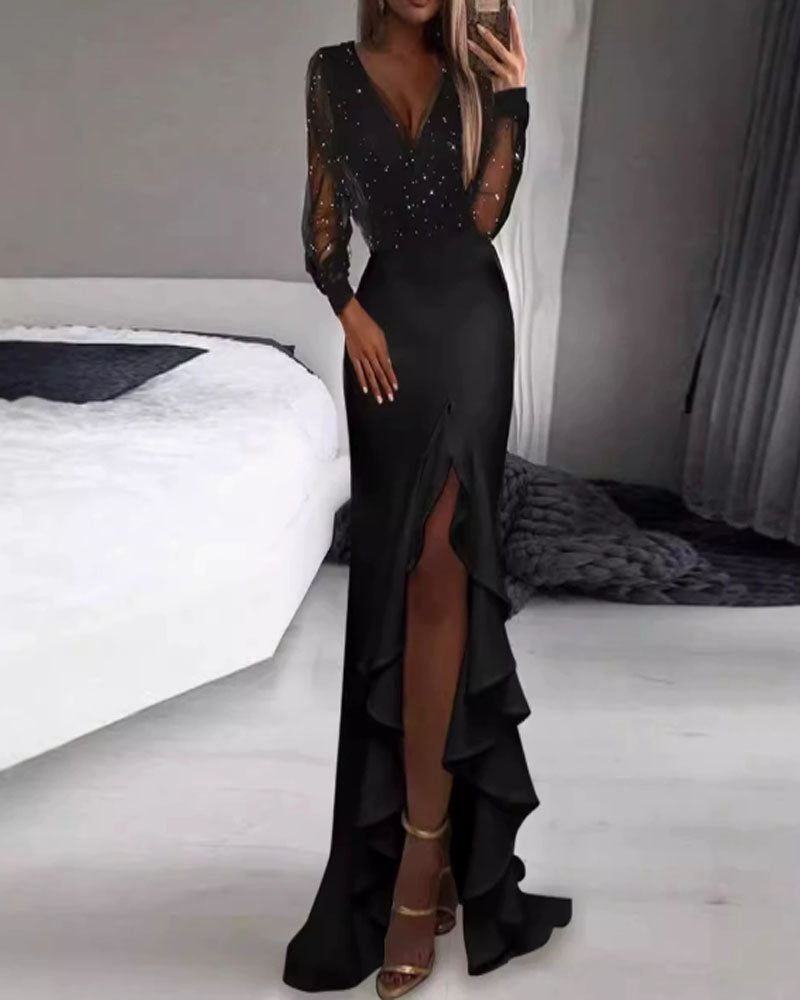 Black Mesh & Sequin Maxi Dress — Mid-Waist, Fitted Silhouette