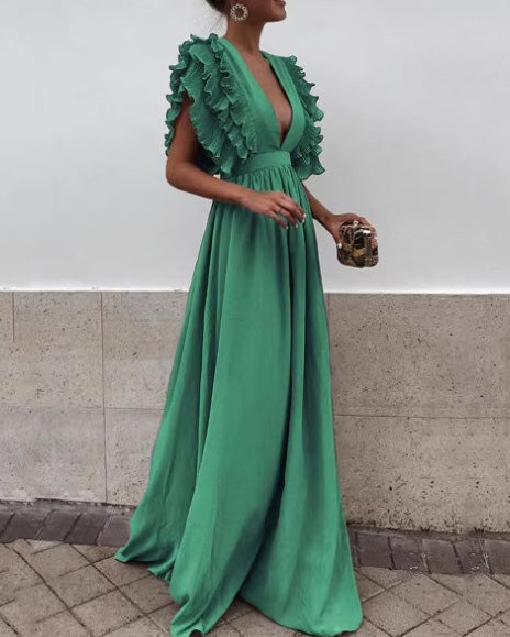 V-Neck Solid Color Long Dress With Flutter Sleeves