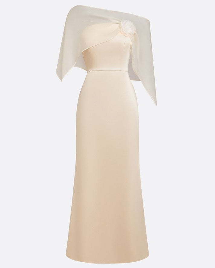 3d Floral Satin Fitted Evening Gown With Shawl