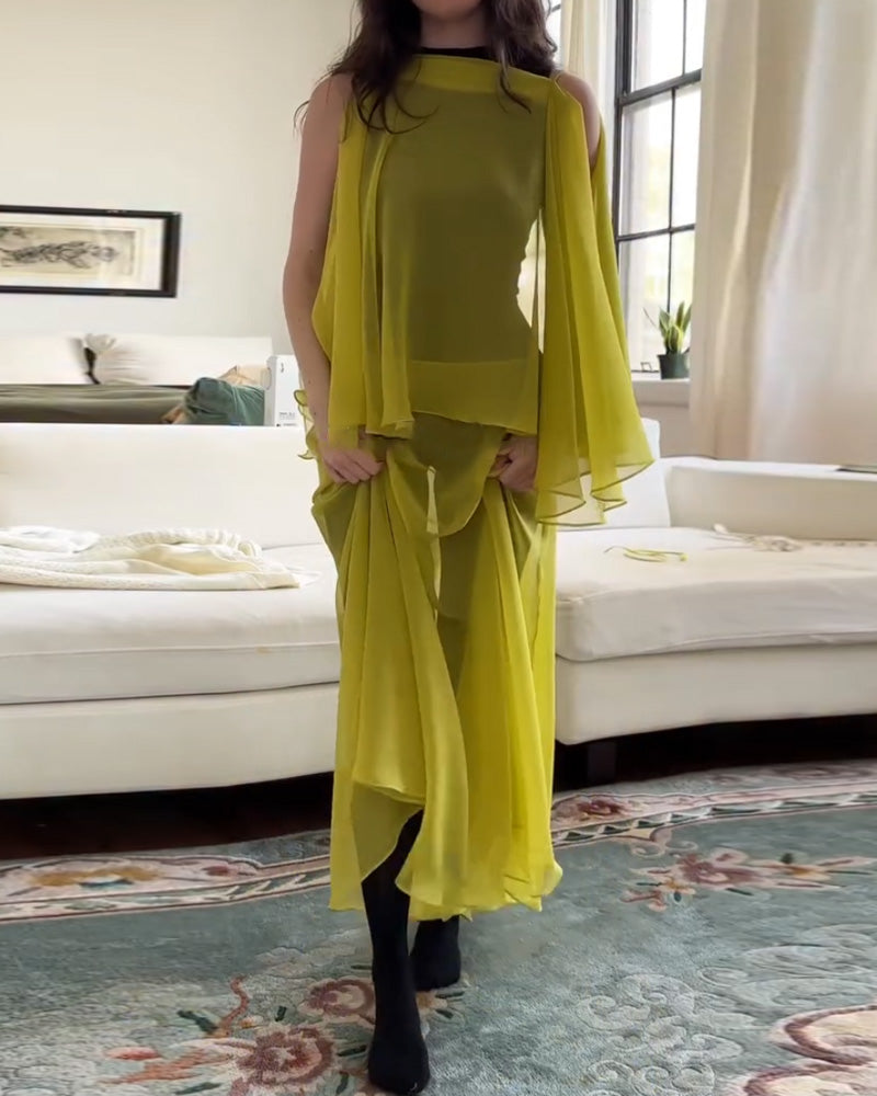 Chiffon See-Through Solid Color Dress