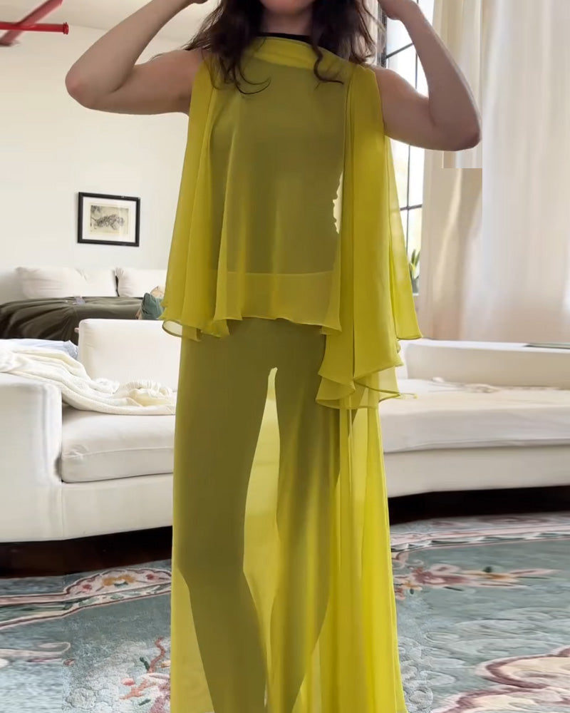 Chiffon See-Through Solid Color Dress