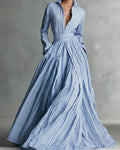 Striped Front-Button Long Stand-Collar High-Waist Loose Maxi Dress
