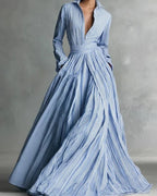 Striped Front-Button Long Stand-Collar High-Waist Loose Maxi Dress