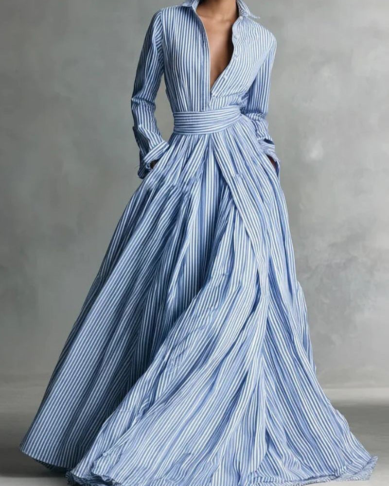 Striped Front-Button Long Stand-Collar High-Waist Loose Maxi Dress