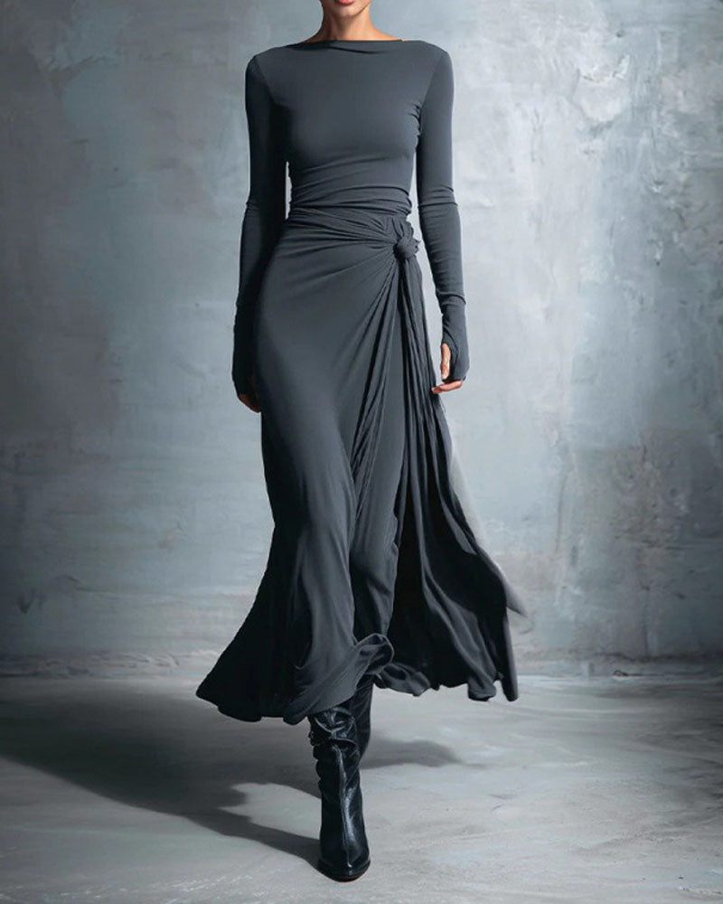 Solid Color Elegant Wrap Maxi Dress with Tie Detail and Long Sleeves