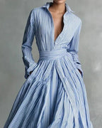 Striped Front-Button Long Stand-Collar High-Waist Loose Maxi Dress