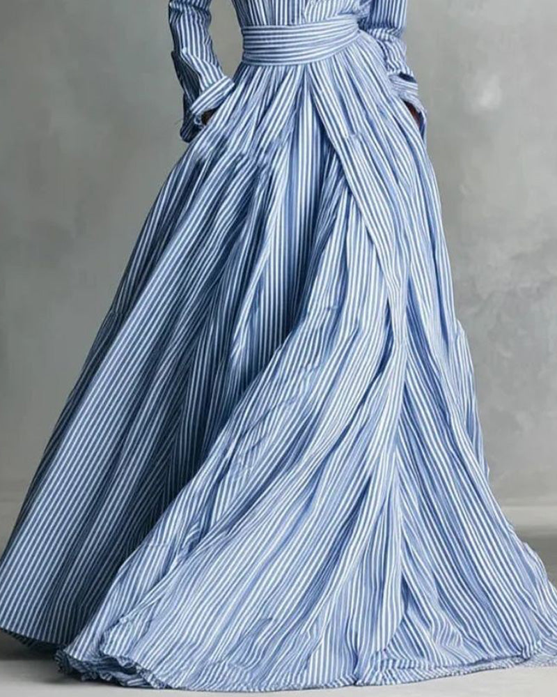 Striped Front-Button Long Stand-Collar High-Waist Loose Maxi Dress