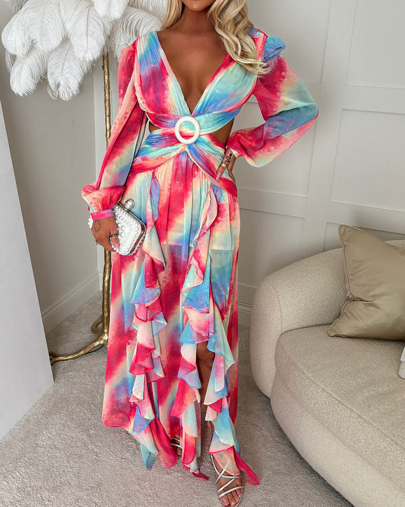Multi-Ring Front Cutout Printed Long Dress