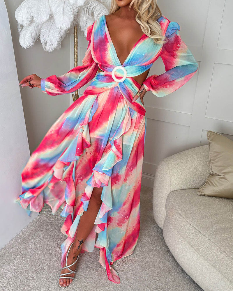 Multi-Ring Front Cutout Printed Long Dress