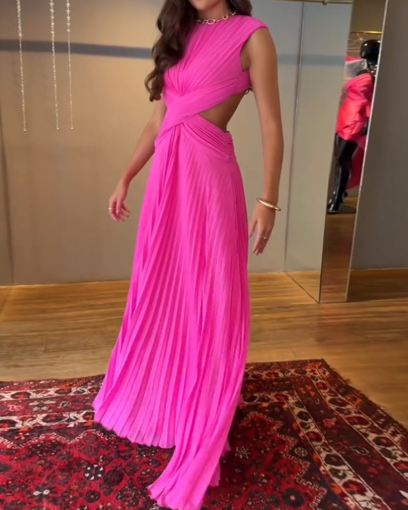 Elegant Pleated Solid Color Dress