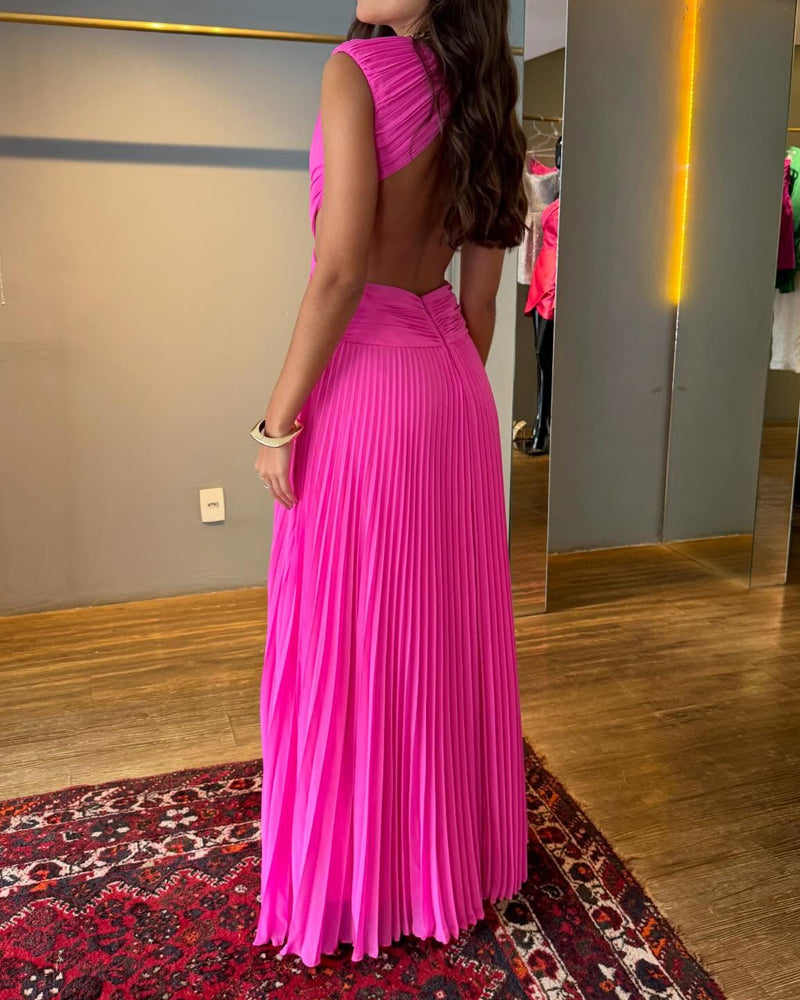 Elegant Pleated Solid Color Dress