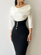 Off-the-shoulder color-blocked tie-up dress