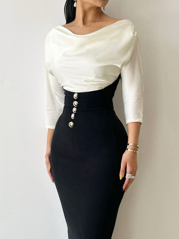 Off-the-shoulder color-blocked tie-up dress