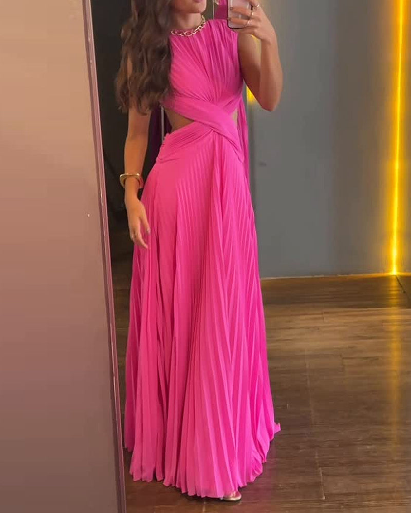 Elegant Pleated Solid Color Dress