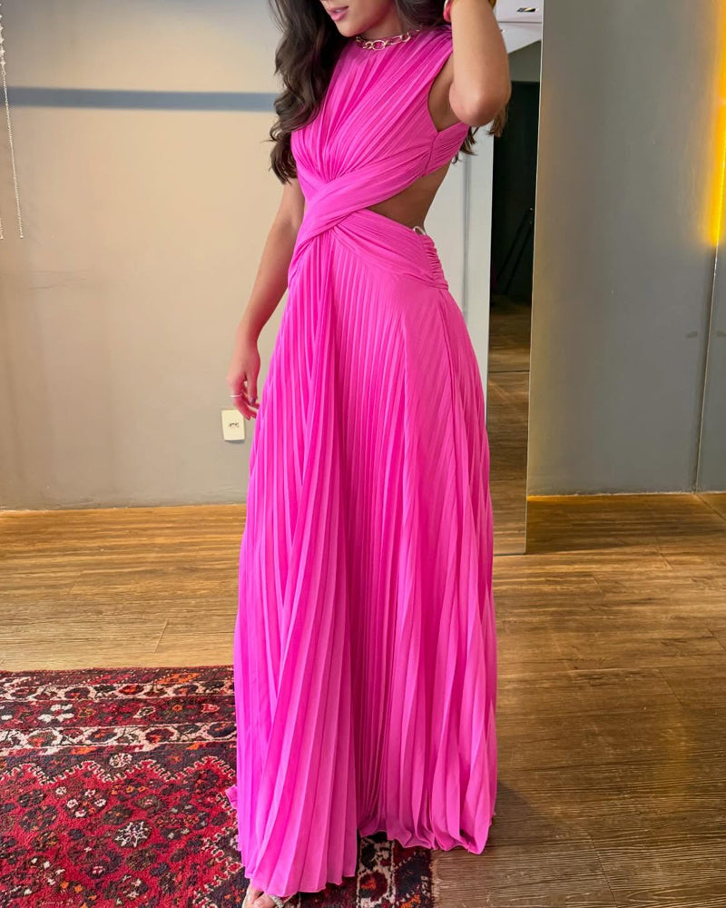 Elegant Pleated Solid Color Dress