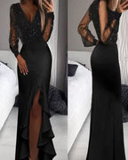 Black Mesh & Sequin Maxi Dress — Mid-Waist, Fitted Silhouette