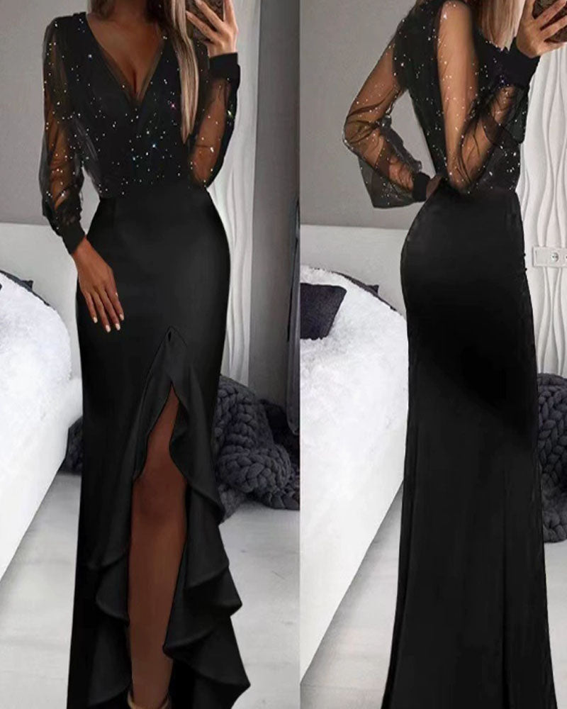 Black Mesh & Sequin Maxi Dress — Mid-Waist, Fitted Silhouette