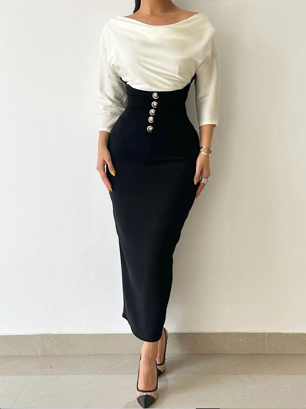 Off-the-shoulder color-blocked tie-up dress