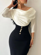 Off-the-shoulder color-blocked tie-up dress