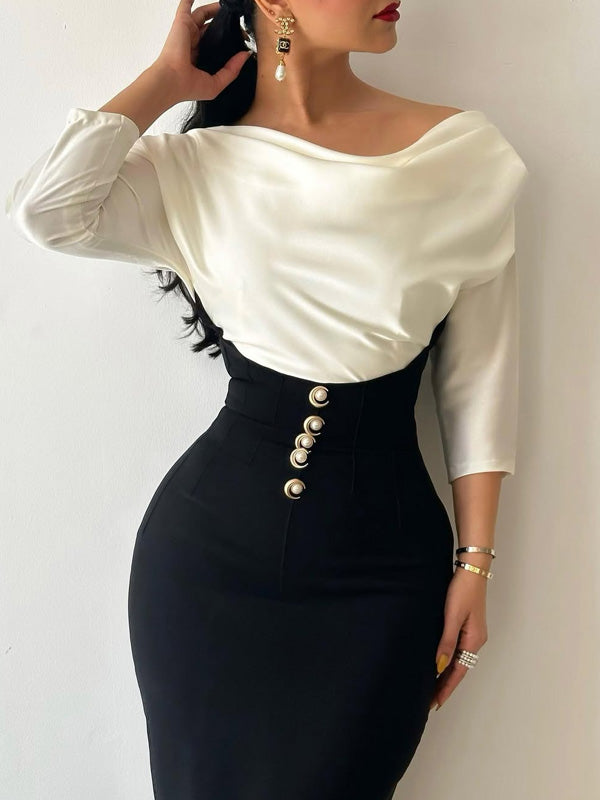 Off-the-shoulder color-blocked tie-up dress