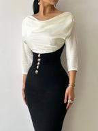 Off-the-shoulder color-blocked tie-up dress