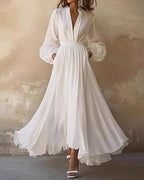 V-Neck Solid Color Waist Dress