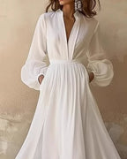 V-Neck Solid Color Waist Dress