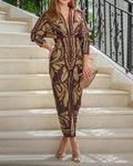 V-neck printed long-sleeved dress