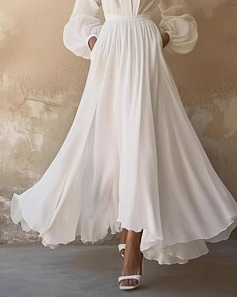 V-Neck Solid Color Waist Dress