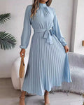 Stand-Up Collar Long-Sleeved Pleated Maxi Skirt