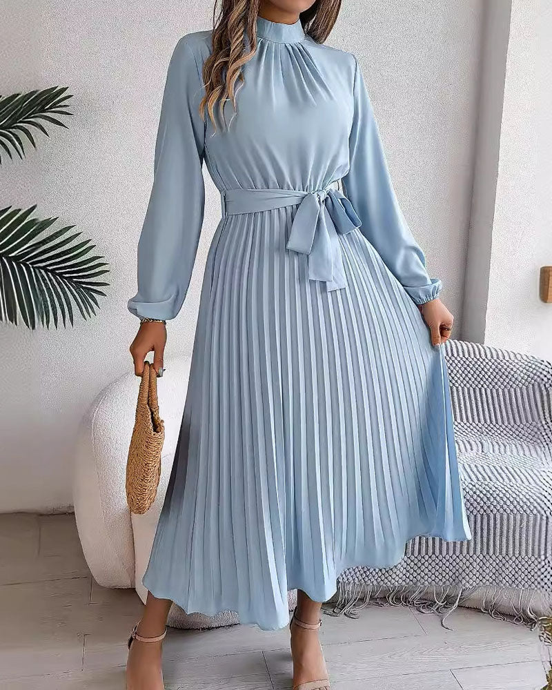 Stand-Up Collar Long-Sleeved Pleated Maxi Skirt
