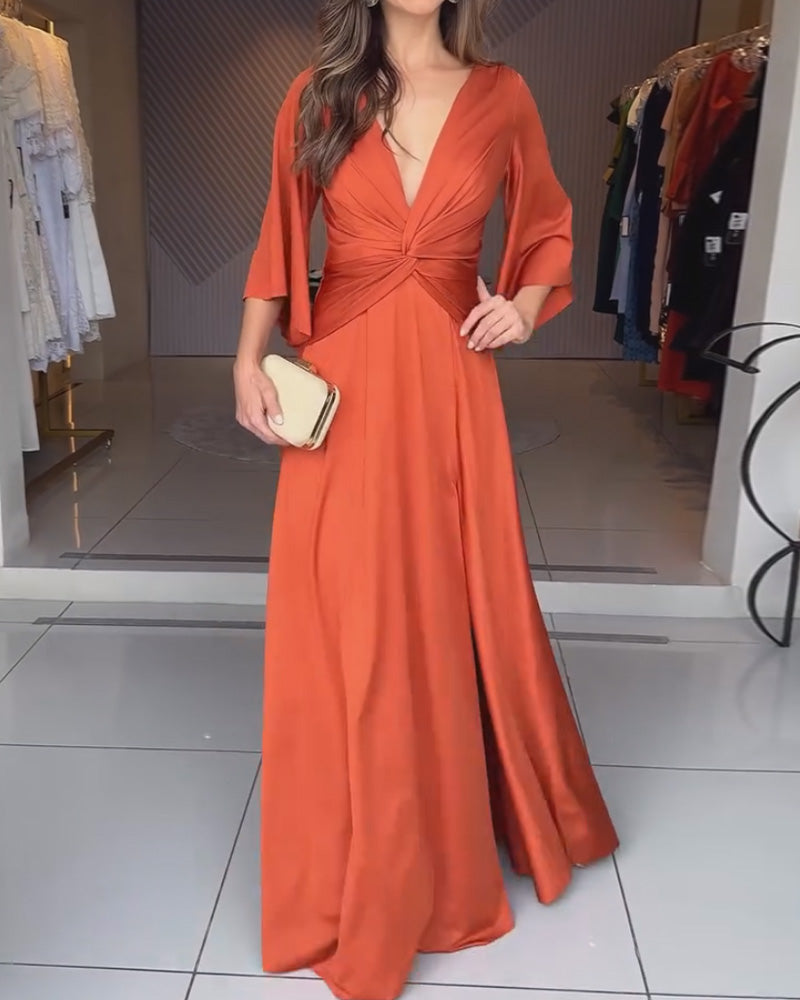 V-Neck Knotted Solid Color Dress