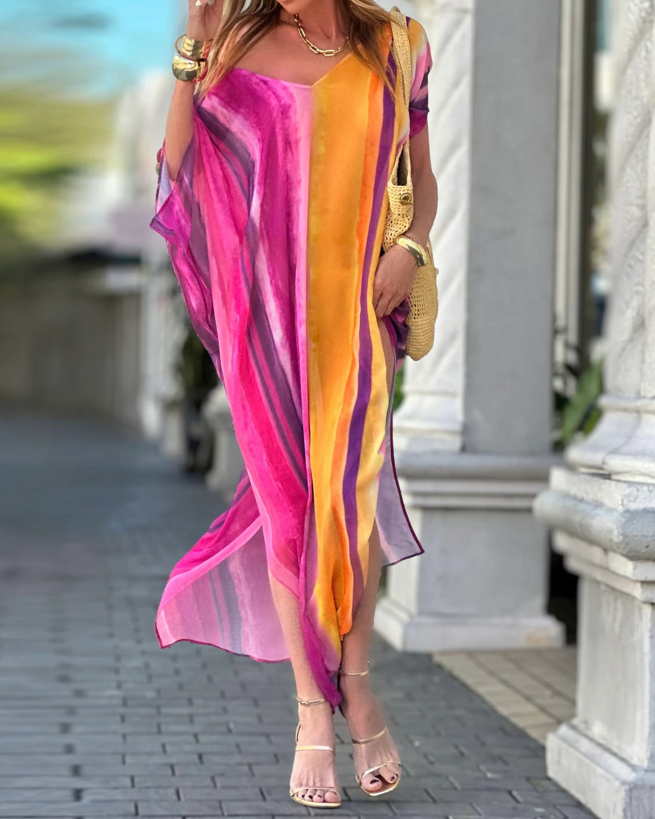 V-Neck Printed Loose Dress