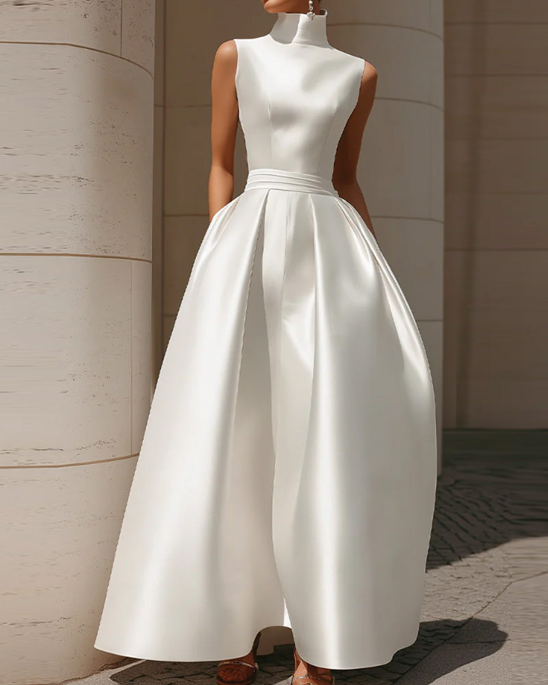 High-Necked Sleeveless Satin A-Line Evening Dress